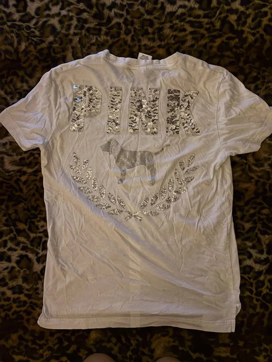 PINK Victoria's Secret White Sequin Logo & Silver Glitter Dog Tee - Picture 2 of 3